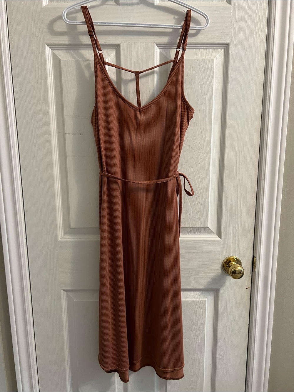 O'Neill Rust Brown Ribbed Midi Dress with Tie Waist